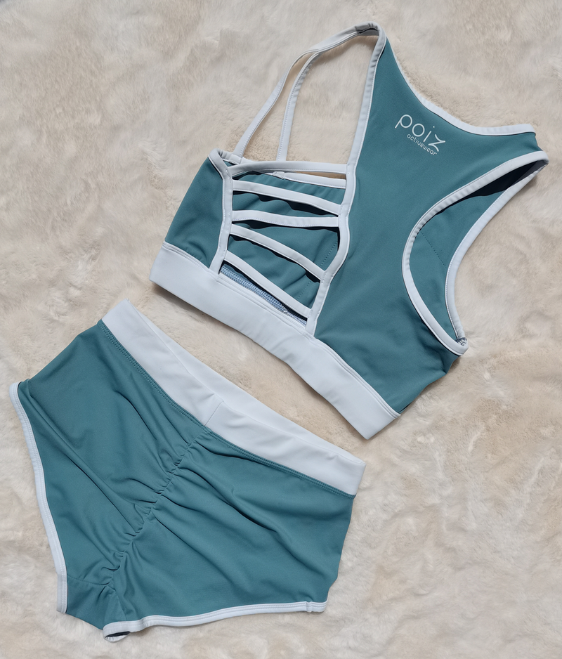 Teal and white pole dance wear, high-waisted shorts
