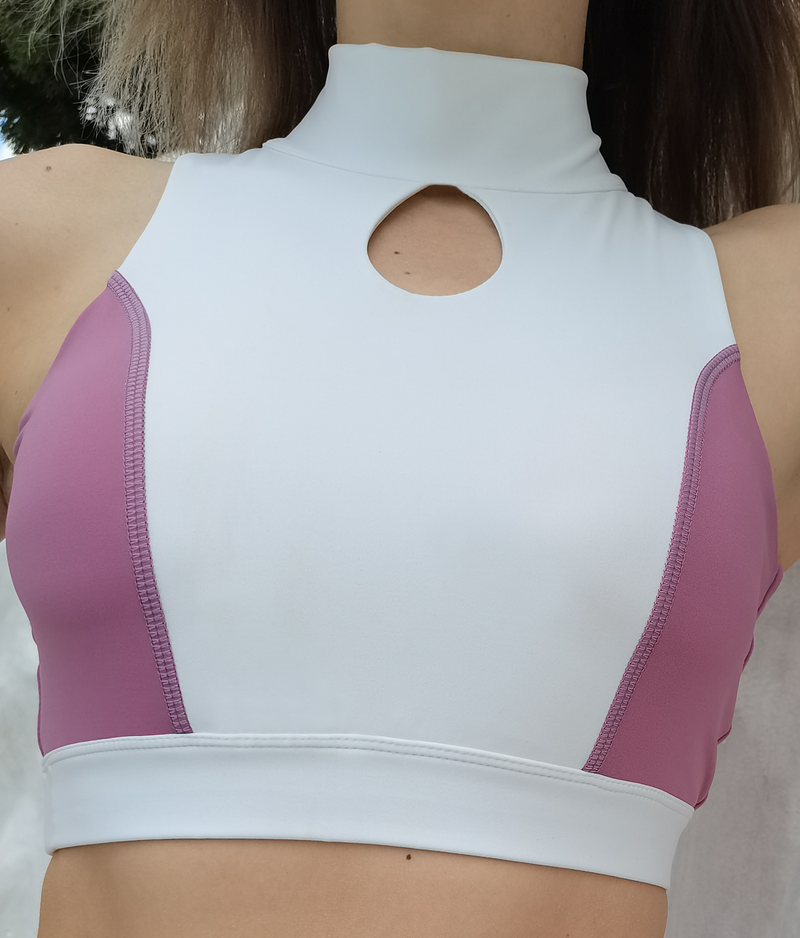 Front shot, close-up of High-Neck Fitness Top in Purple-White Colours