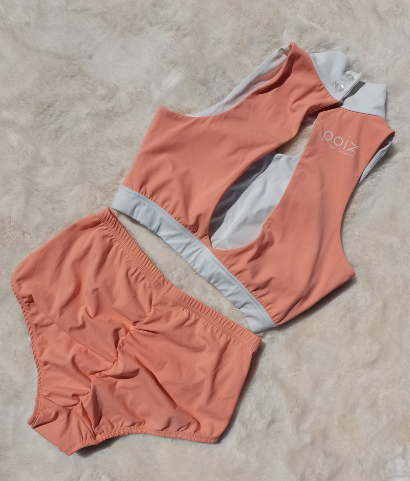 Fitness Top with High Neck and Scrunch Butt Shorts in Salmon Pink - White Colours for Pole / Exotic Dance, Aerial, Hot Yoga, Fitness