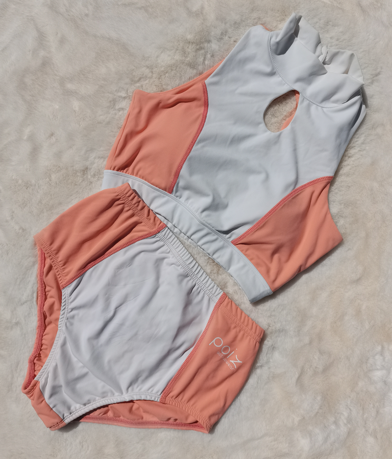 Fitness Top with High Neck and High-Waisted Shorts in Salmon Pink - White Colours for Pole / Exotic Dance, Aerial, Hot Yoga, Fitness